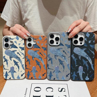 Whale Printed Leather Texture TPU Case for iPhone Series