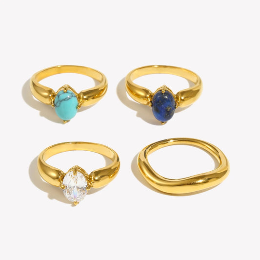 E.B.belle Gem Lapis Turquoise 3A Cubic Zirconia Colorful Rainbow Crystal Rings For Woman Gold Plated Stainless Steel Ring