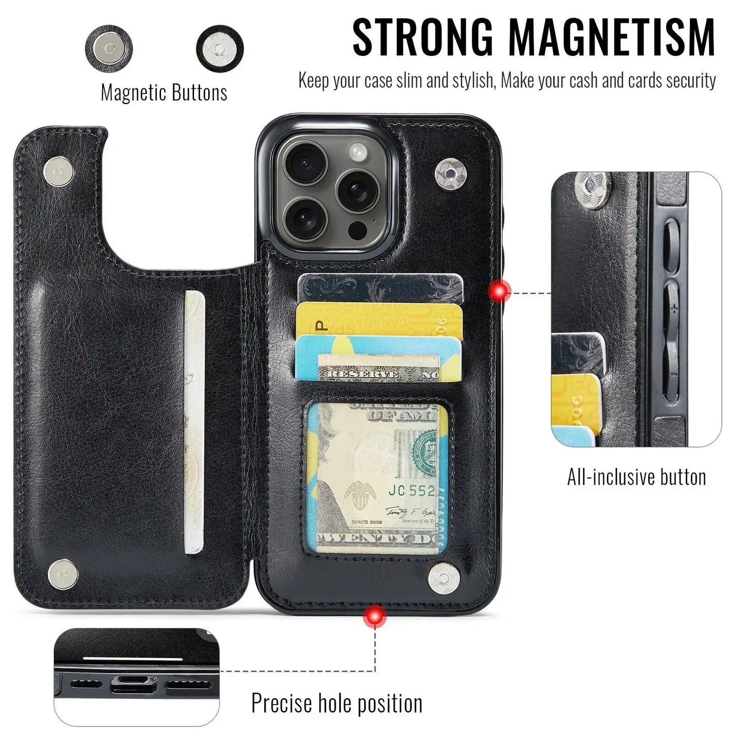 Wallet Card Holder Case for iPhone 16 15 14 13 12 11 Pro Max XS XR Leather Cover