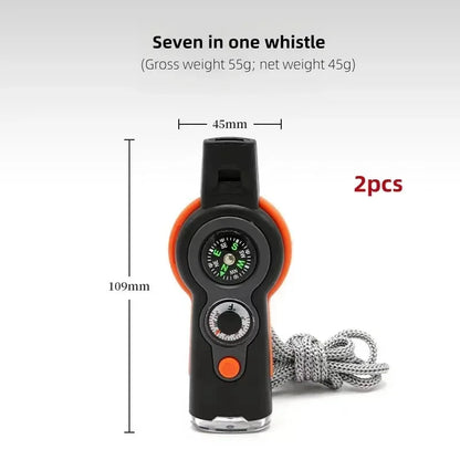 Camping Hiking 7in1 Outdoor Multifunctional Survival Whistle Flashlight Compass Thermometer Magnifier Reflector Magnifying Glass