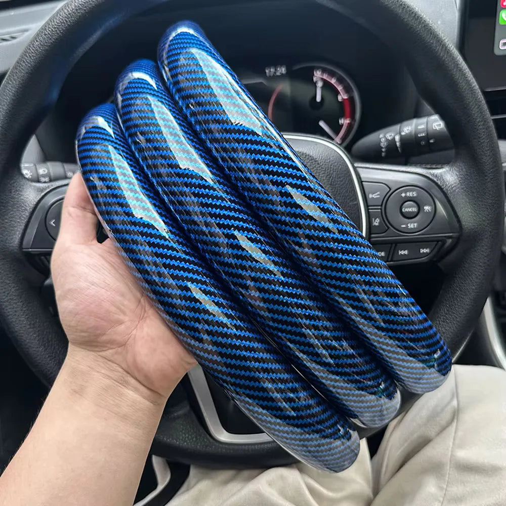 3PCS Laser Carbon Fiber Silicone Car Round Steering Wheel Cover Fiber Leather Wheel Booster Auto Cover Non-Slip Universal Parts
