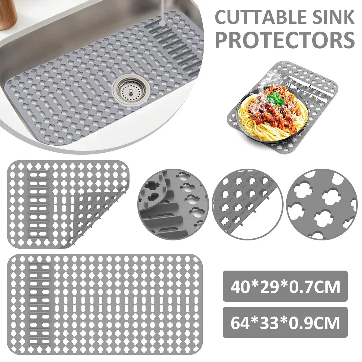 Silicone Sink Protector Non-slip Grey Sink Mat for Bottom Heat-Resistant Grid Tableware Dish Drying Pad Kitchen Draining Tool