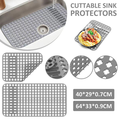 Silicone Sink Protector Non-slip Grey Sink Mat for Bottom Heat-Resistant Grid Tableware Dish Drying Pad Kitchen Draining Tool
