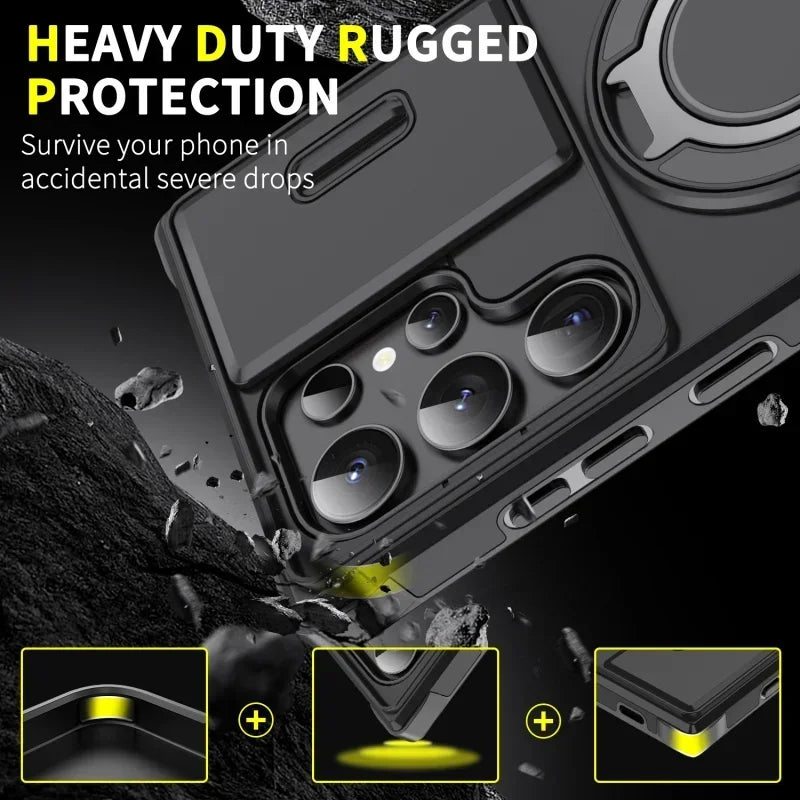 Case For Samsung Galaxy S26 S25 S24 S23 S22 S21 Ultra S24FE S25EDGE Slide Camera Protect Magnetic holder Armor Shockproof Cover