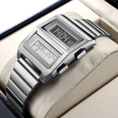 MEGIR Retro Cyberpunk Driver Electronic Watch for Men Sports Wristwatch with Electronic Movement Stainless Steel Strap 0324