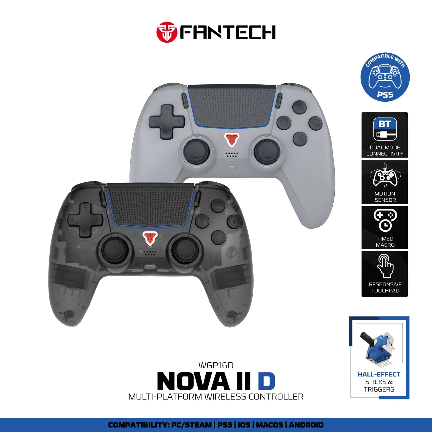 FANTECH NOVA IID WGP16D BT Wireless Gaming Controller For PS5/PC/iOS/Android Gamepad With Turbo Dual Sense Vibrate Hall Joystick