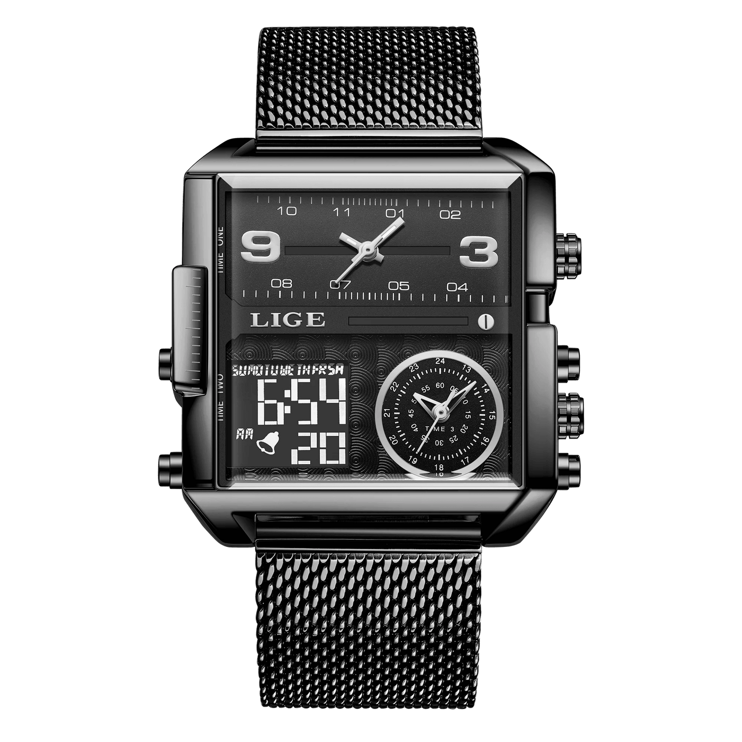 LIGE New Top Brand Luxury Fashion Men Watches Gold Steel Sports Square Digital Analog Big Quartz Watch for Man relogio masculino
