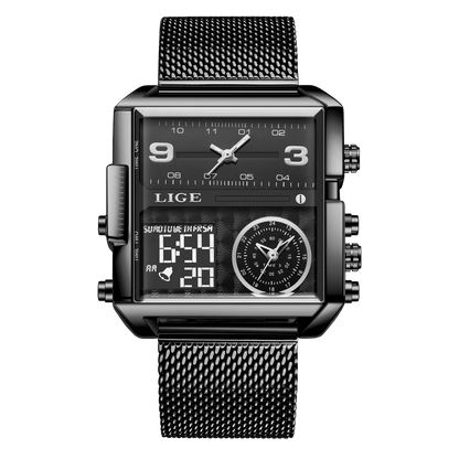 LIGE New Top Brand Luxury Fashion Men Watches Gold Steel Sports Square Digital Analog Big Quartz Watch for Man relogio masculino