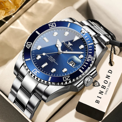BINBOND Durable Stainless Steel Strap Precise Quartz Wristwatches for Men Luxury Luminous Waterproof Auto Date Men's Watch Reloj
