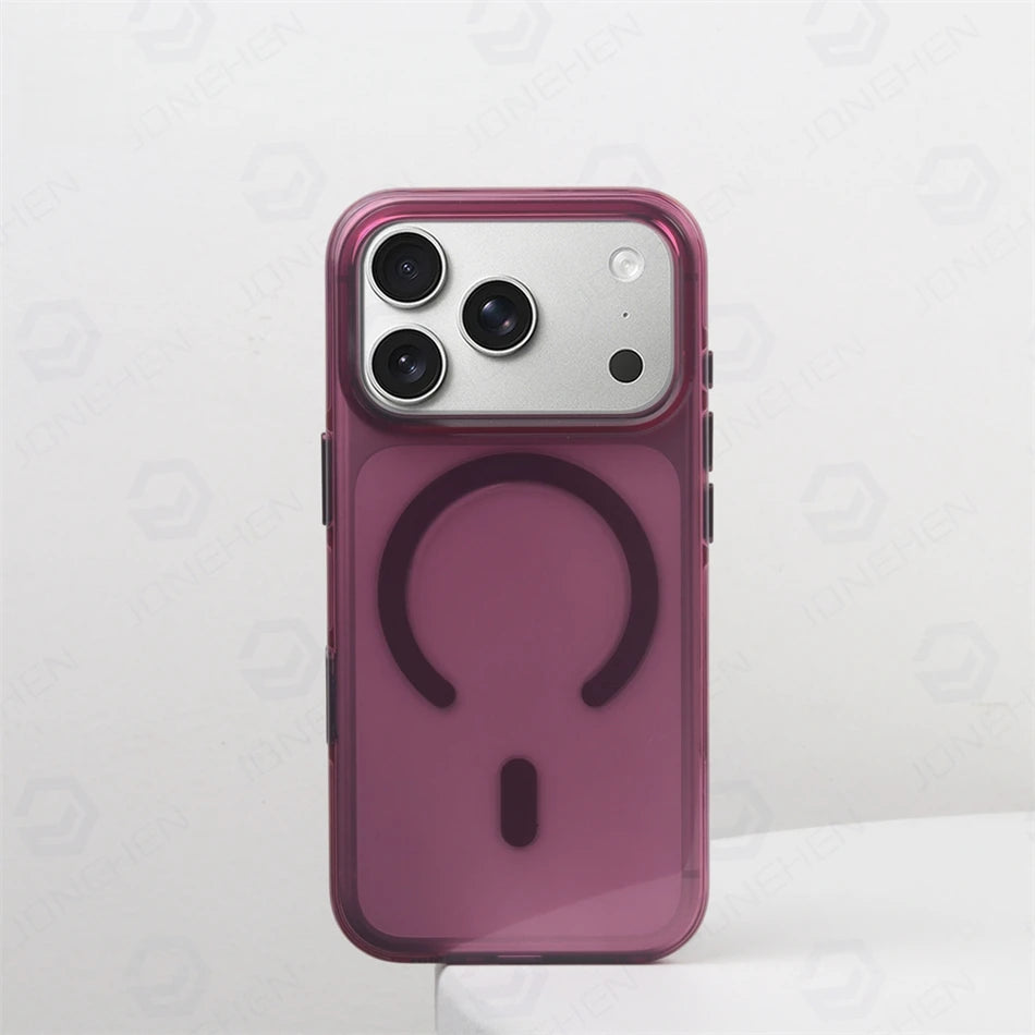 Plum Color Crystal Transparent Magnetic Case For iPhone 16 17 18 Pro Max Shockproof Smooth Clear Camera Button Cover For Magsafe