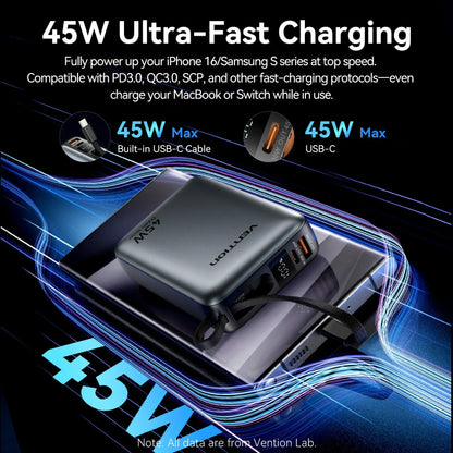 45W 20000mAh Fast Charging Power Bank with Built-in Cable