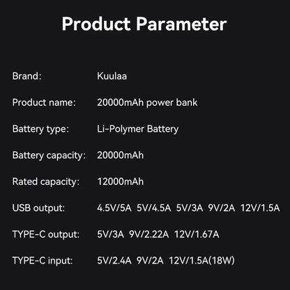 ‌KUULAA 20000mAh PD+QC3.0 Power Bank 22.5W Type-C Portable Charger for iPhone 17 16 15 Samsung Xiaomi Redmi Poco