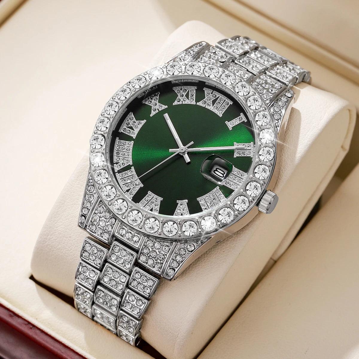Luxury Full Diamond Men Calendar Quartz Watch Fashion Stainless Steel Band Male Quartz Wristwatches Date Clock Reloj Hombre