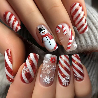 24Pcs Glitter Pink Sequins Fake Nails – Halloween Skull & Love Print Ballet Press-on Nails