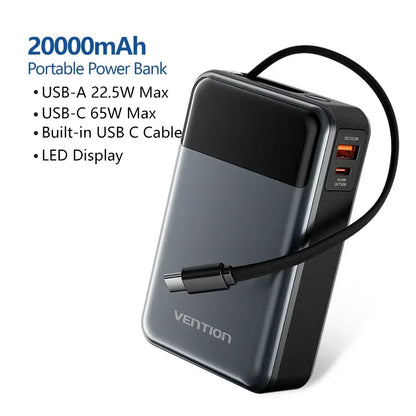 65W 20000mAh Power Bank Built-in USB-C Cable Fast Charge