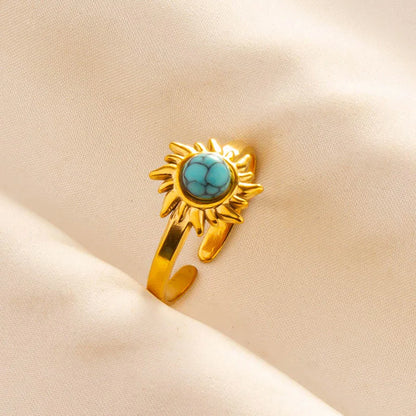 Turquoise Finger Jewelry Long Oval Sun Heart Water Drop Stainless Steel Rings For Women Men Accessories Gold Plated Open Anillos