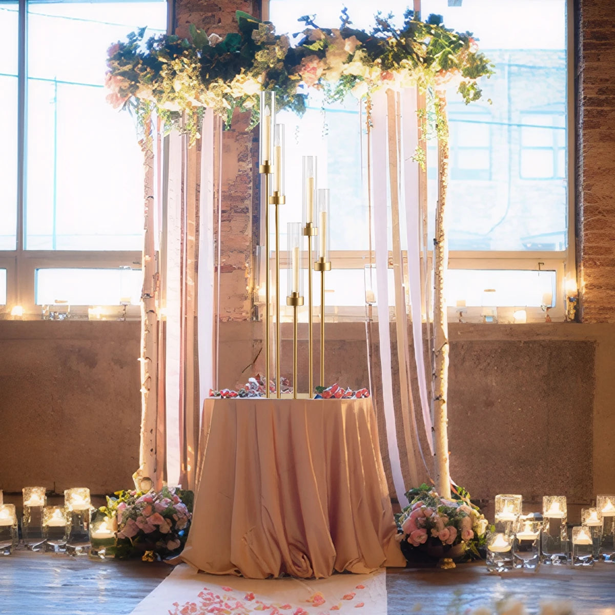 Gold Floor Candelabra 5 Arm Tall Candle Holder with Acrylic Lampshade for Wedding Table Birthday Party Decoration 10PCS