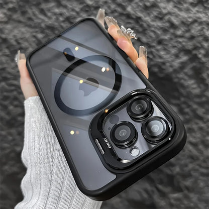Phone Case - A Simple Magnetic Metal Frame Lens Protective Film/Stand Three-In-One Phone Case, Compatible with iPhone 18/17/16/15/14/13/12 Pro/Pro Max/Air/Plus，and For Samsung Galaxy S22/S23+/S24 FE/S25 Plus/S26 Ultra Sleek