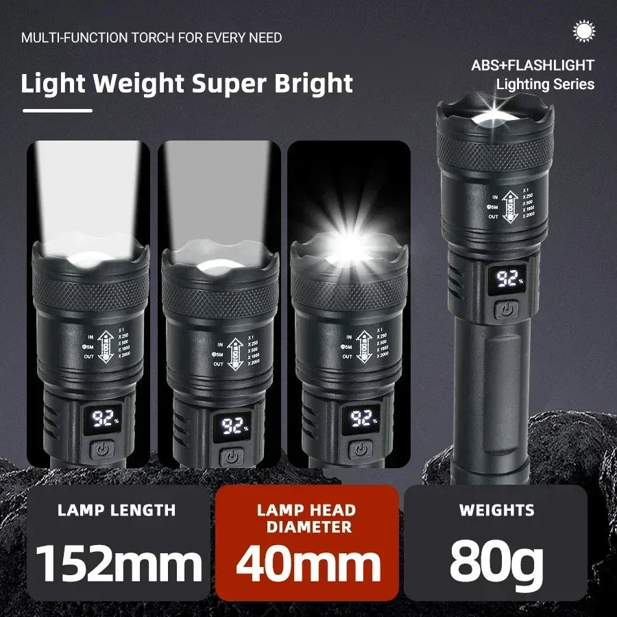 High Strong Power Led Flashlights 2000LM Tactical Torch with Display Light USB Charging Camping Fishing Emergency Zoom Lantern - Urbizia