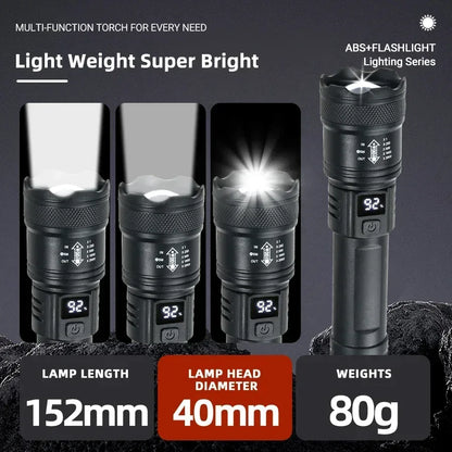 High Strong Power Led Flashlights 2000LM Tactical Torch with Display Light USB Charging Camping Fishing Emergency Zoom Lantern - Urbizia