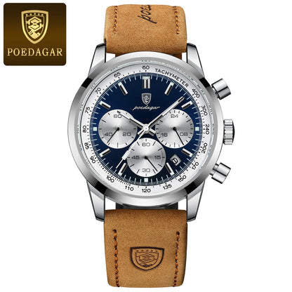POEDAGAR Top Brand Men's Quartz Watch Waterproof Luminous Chronograph Military Man Watch Luxury Fashion Leather Watches For Men