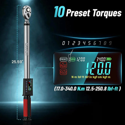 Seesii Digital Torque Wrench 340N.m Digital Electric Wrench 1/2" Drive 12.5-250.8ft-lbs/17-340N.m Buzzer LED Flash for Car Care