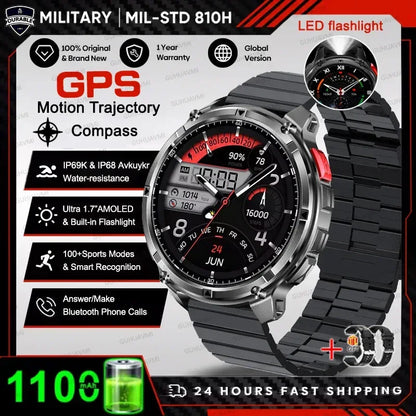 Men 1100mAh Ultra Durable Battery Smart Watch GPS Compass IP69K Waterproof BT Call 100+ Sport Mode Flashlight Sports Smartwatch - Urbizia