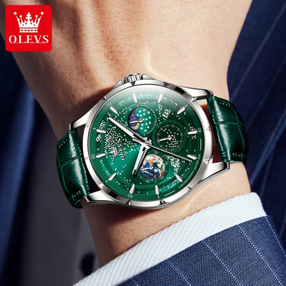 OLEVS Fashion Starry Sky Green Dial Quartz Watch for Men Multifunction Moon Phase Luminous Chronograph Watches Relogio Masculino