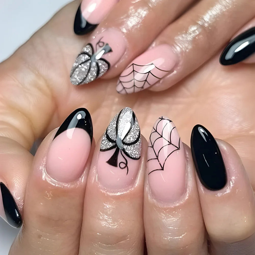 24Pcs Halloween Spider Print False Nails – Gothic Short Round Press-on Nail Tips for Women