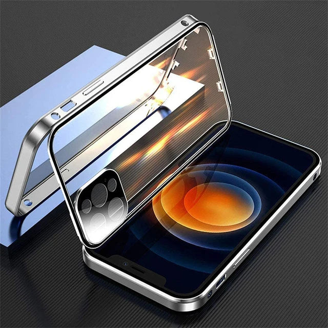 360°Full Protection Metal Magnetic Double-Sided Glass Lock Buckle Phone Case For iPhone 16 Pro Max 14 12 13 11 15 Pro Max Cover