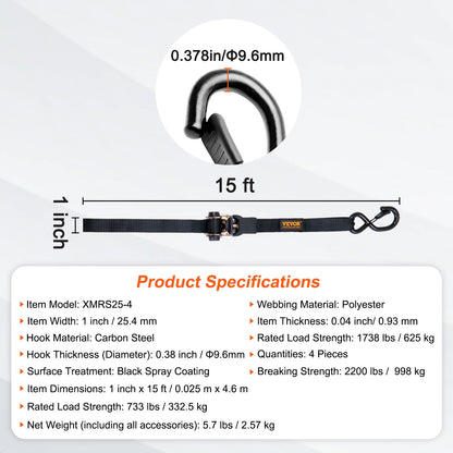 SucceBuy 4pcs Trailer Ratchet Tie Down Straps with Padded Handles Hook Brake Binding Belt for Moving Securing Cargo Motorcycle