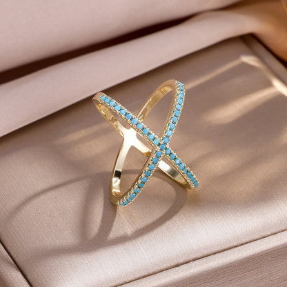 Yupsk Exquisite Shiny Blue Turquoise CZ Cross Ring for Women Fashion Engagement Wedding Rings Couple Jewelry