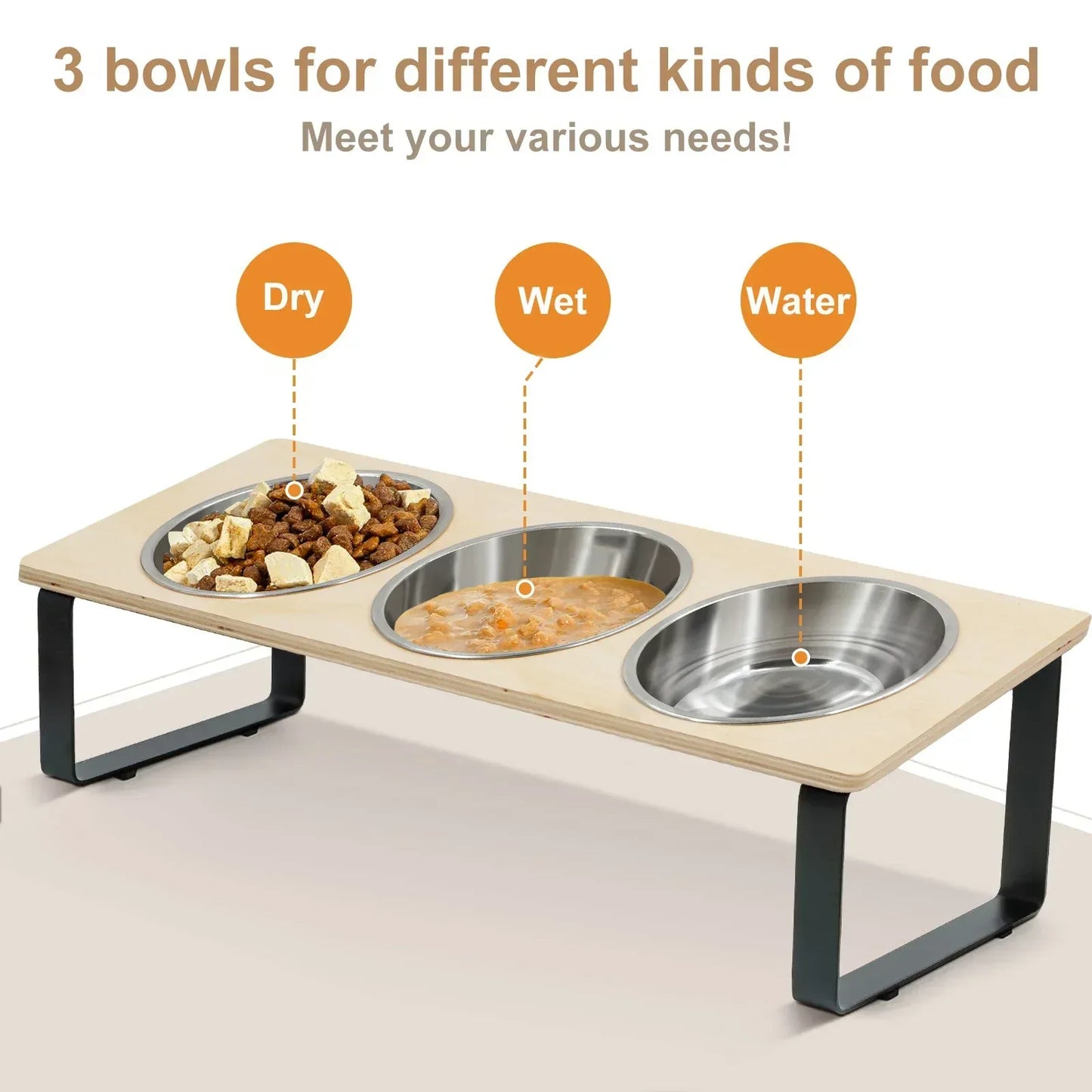 Elevated Cat Bowls Feeder 15° Tilted Raised Feeding & Watering Supplies Pet 3 Stainless Steel Bowls with Stand for Cats Puppies - Urbizia
