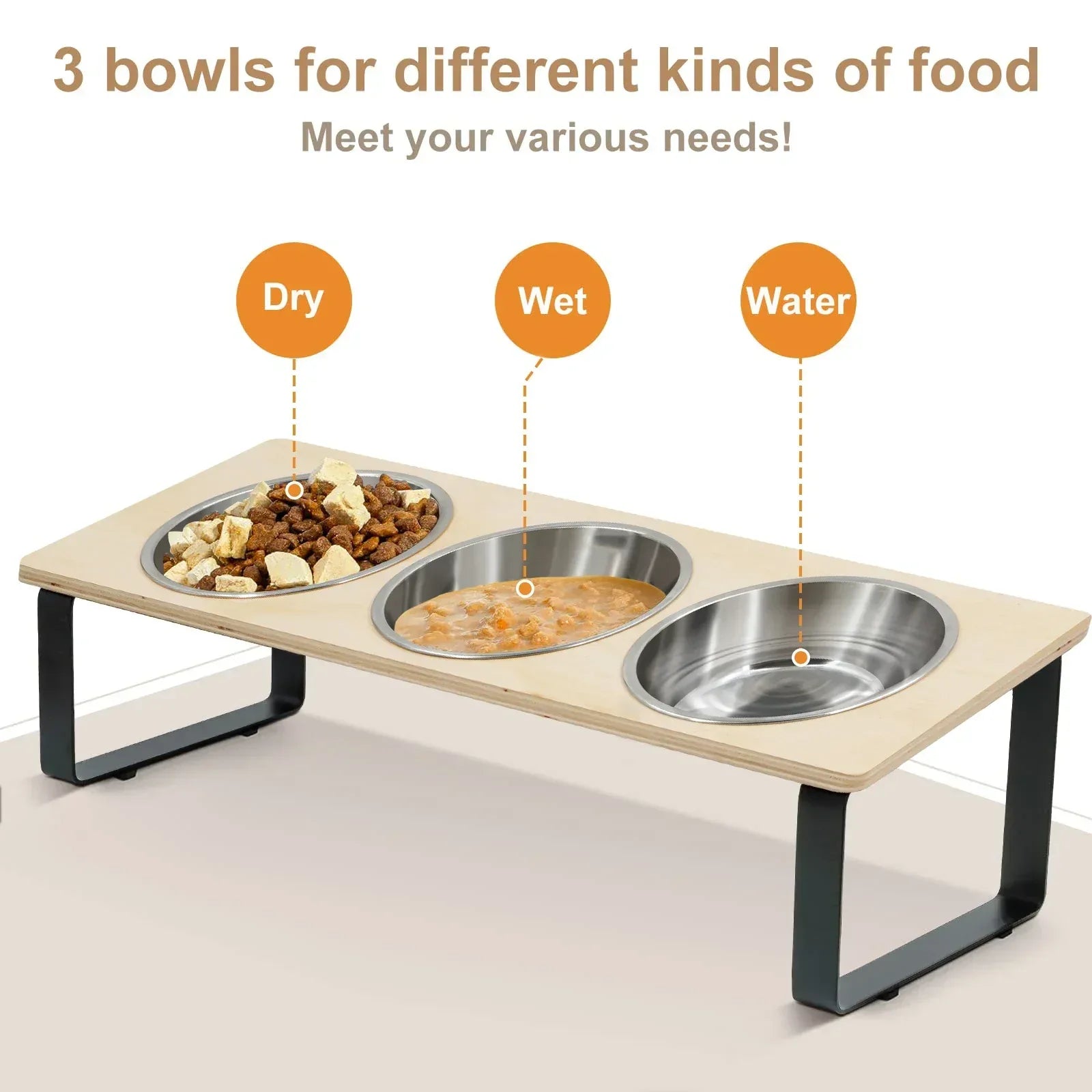 Elevated Cat Bowls Feeder 15° Tilted Raised Feeding & Watering Supplies Pet 3 Stainless Steel Bowls with Stand for Cats Puppies - Urbizia