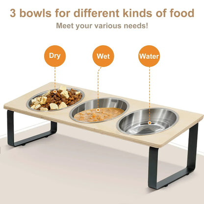 Elevated Cat Bowls Feeder 15° Tilted Raised Feeding & Watering Supplies Pet 3 Stainless Steel Bowls with Stand for Cats Puppies - Urbizia