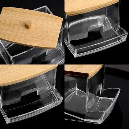 Transparent Cotton Swab Storage Box with Bamboo Lid