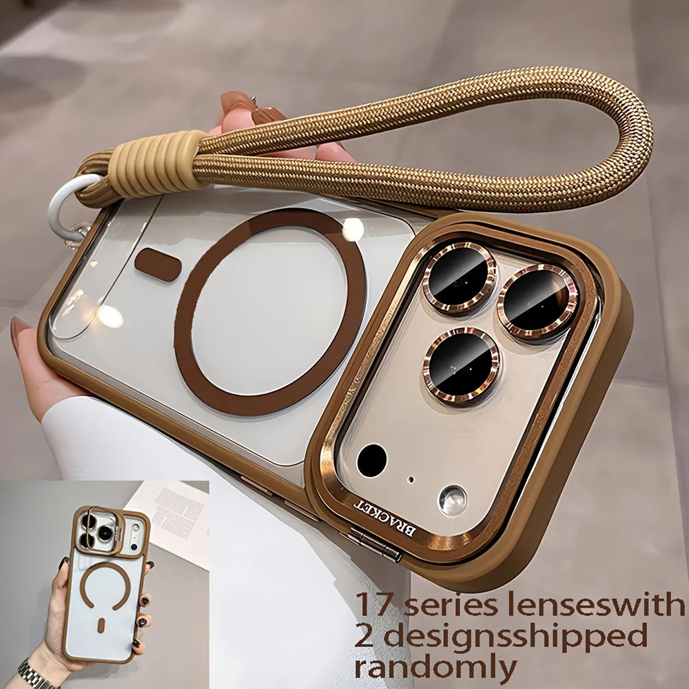 Luxury Orange Lanyard Magnetic Wireless Charging Metal Lens Holder Phone Case，CompatibleiPhone 17 Pro Max Air 16 15 14 13 12 Pro