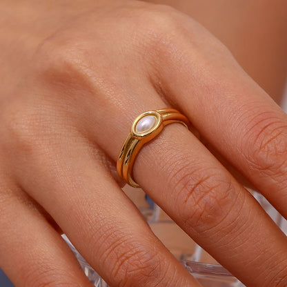 E.B.belle Females Y2K Accessories Natural Stone Lapis Turquoise Pearl Paved Stainless Steel Non Tarnished Rings For Woman