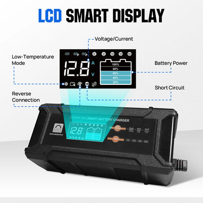 ECO-Worthy 12V/24V 20A Smart Battery Charger Maintainer, Auto Voltage Detect for LiFePO4 Lead-Acid with Multi-Current Options 5A