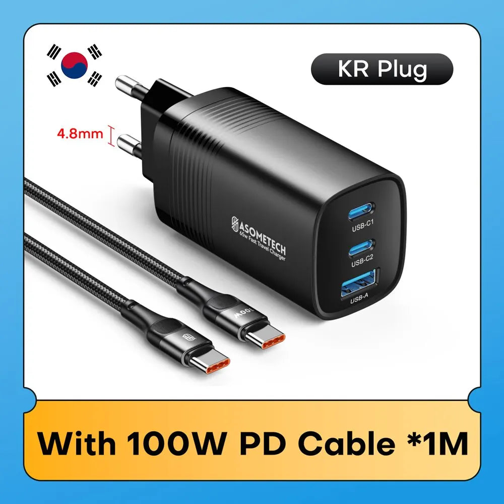 ASOMETECH GaN USB Type C Charger 65W 45W PPS PD QC4.0 Quick Charger For Macbook Laptop IPAD Tablet iPhone 16 Samsung S23 Ultra
