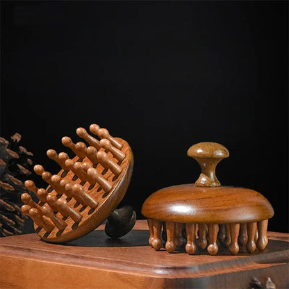 Natural solid wood meridian massage comb round tooth GuaSha tool relieves headaches and relaxes scalp acupoint massage brush