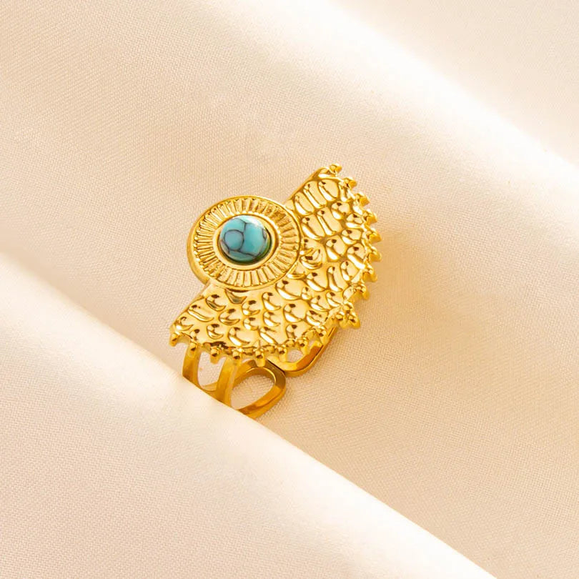 Turquoise Finger Jewelry Long Oval Sun Heart Water Drop Stainless Steel Rings For Women Men Accessories Gold Plated Open Anillos