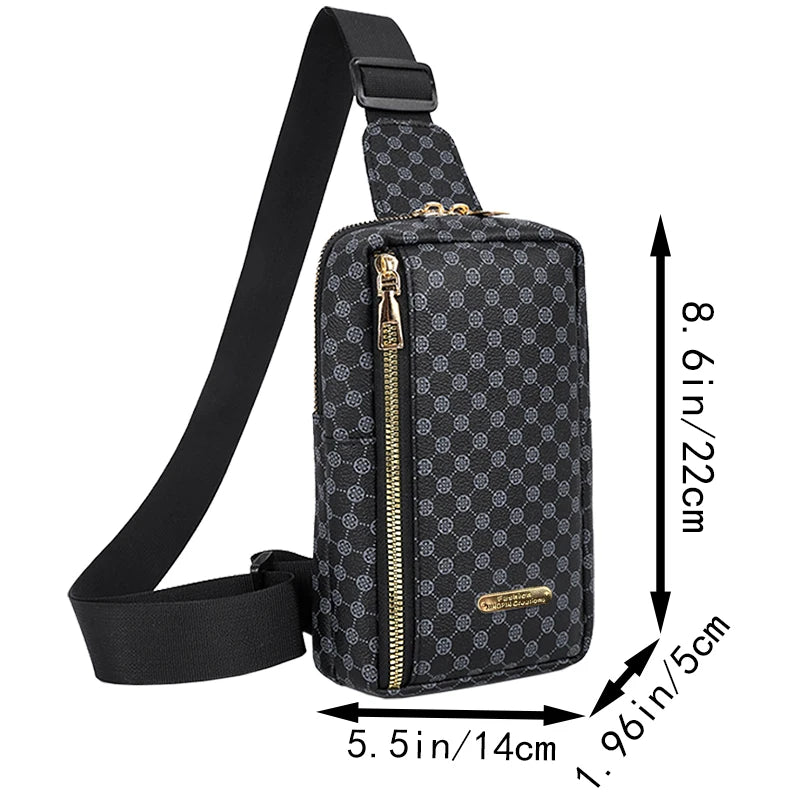 Brown Classic Plaid Pattern Chest Bag, Multi-zip Spacious Sling Purse Fits Phone, Makeup and Small Daily Essentials