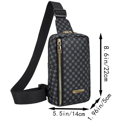 Brown Classic Plaid Pattern Chest Bag, Multi-zip Spacious Sling Purse Fits Phone, Makeup and Small Daily Essentials