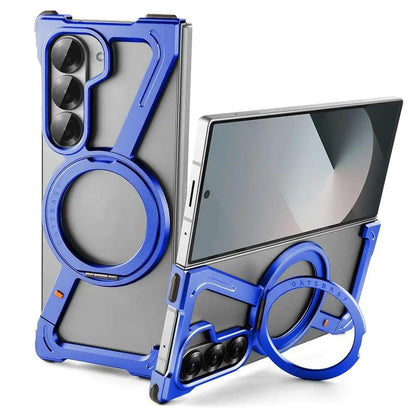 Oatsbasf Aluminium Z Case for Samsung Galaxy Z Fold 7 w/ 360°Rotating Magnetic Stand Frameless Phone Cover Shockproof Bumper