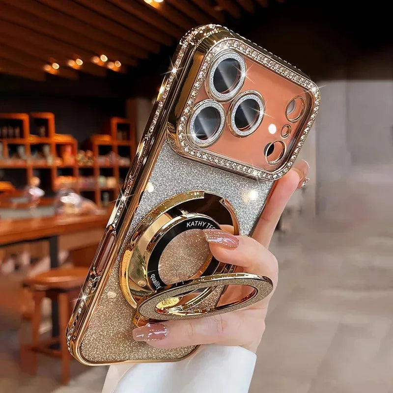 Plating transparent diamond glitter magnetic phone case for iPhone 17 16 13 14 15 Pro Max lens protection bracket back cover