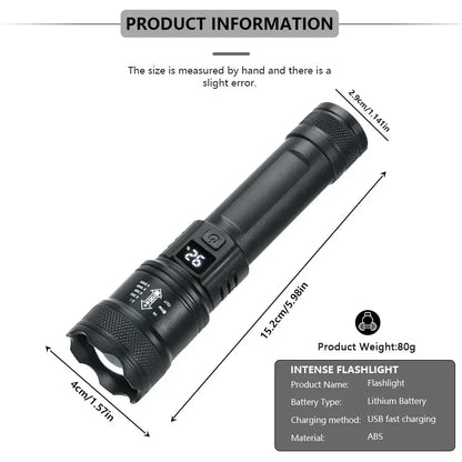 High Strong Power Led Flashlights 2000LM Tactical Torch with Display Light USB Charging Camping Fishing Emergency Zoom Lantern - Urbizia