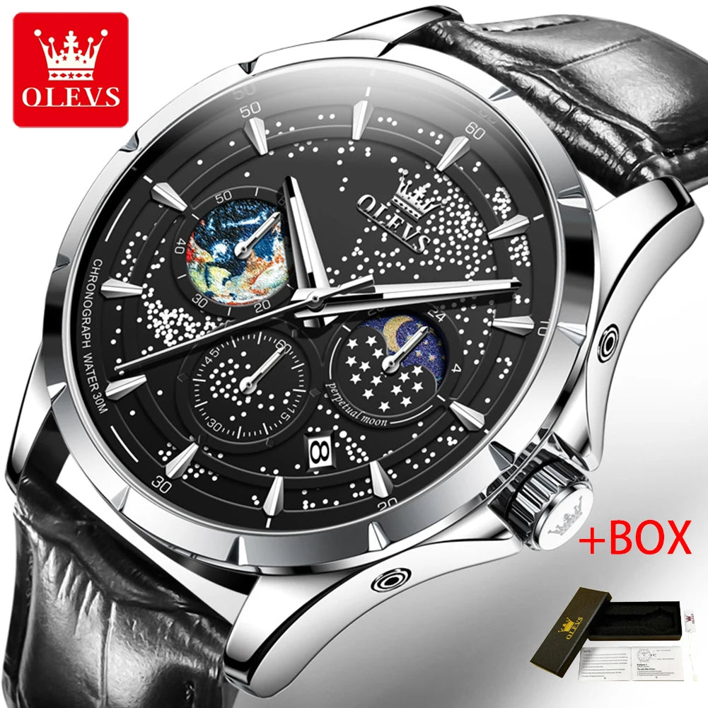 OLEVS Fashion Starry Sky Green Dial Quartz Watch for Men Multifunction Moon Phase Luminous Chronograph Watches Relogio Masculino
