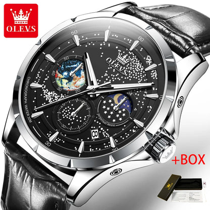 OLEVS Fashion Starry Sky Green Dial Quartz Watch for Men Multifunction Moon Phase Luminous Chronograph Watches Relogio Masculino