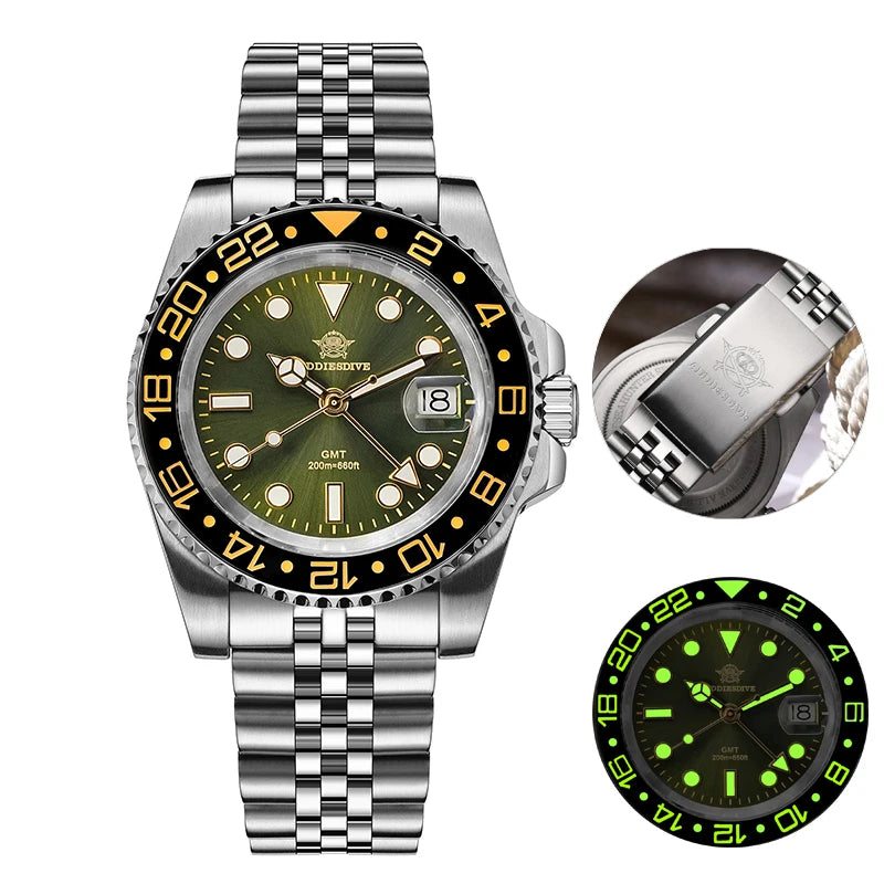 ADDIESDIVE Watch For Man Quartz GMT 20Bar Waterproof BGW9 Super Luminous 316L Stainless Steel Ceramic Bezel Watch